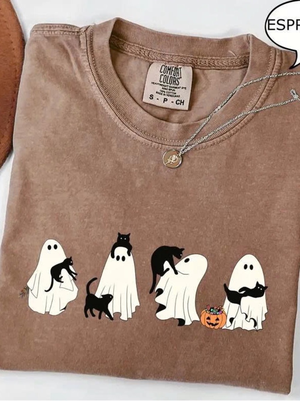 Brown Ghosts & Cats Halloween Graphic Tee